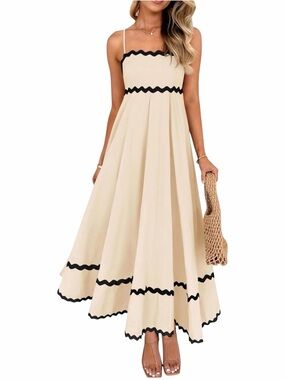 Cream Maxi Dress with Black Scallop Trim - Women's Summer Maxi
